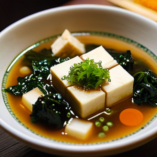 Home 4 A close-up of a steaming, inviting bowl of authentic Japanese miso soup, filled with perfectly cubed tofu, vibrant green scallions, and rehydrated wakame seaweed. The bowl is ceramic, in warm earthy tones, resting on a polished wooden table. In the softly blurred background, a cozy, warmly lit traditional Japanese izakaya ambiance is visible, suggesting a peaceful refuge. Natural light highlights the steam rising from the soup. The scene evokes comfort and tranquility, safe for work, appropriate content, family-friendly, fully clothed.