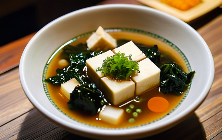 A close-up of a steaming, inviting bowl of authentic Japanese miso soup, filled with perfectly cubed tofu, vibrant green scallions, and rehydrated wakame seaweed. The bowl is ceramic, in warm earthy tones, resting on a polished wooden table. In the softly blurred background, a cozy, warmly lit traditional Japanese izakaya ambiance is visible, suggesting a peaceful refuge. Natural light highlights the steam rising from the soup. The scene evokes comfort and tranquility, safe for work, appropriate content, family-friendly, fully clothed.