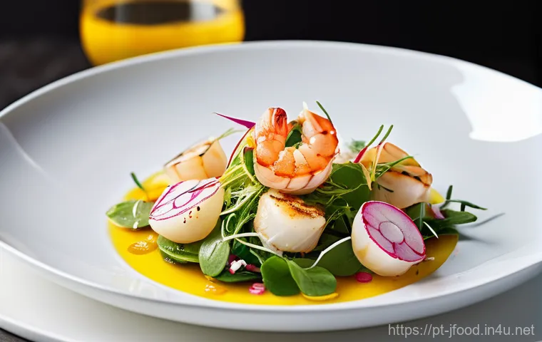 유자 소스 활용법 - **Vibrant Yuzu Salad with Grilled Seafood:** A meticulously plated gourmet salad featuring a medley ...