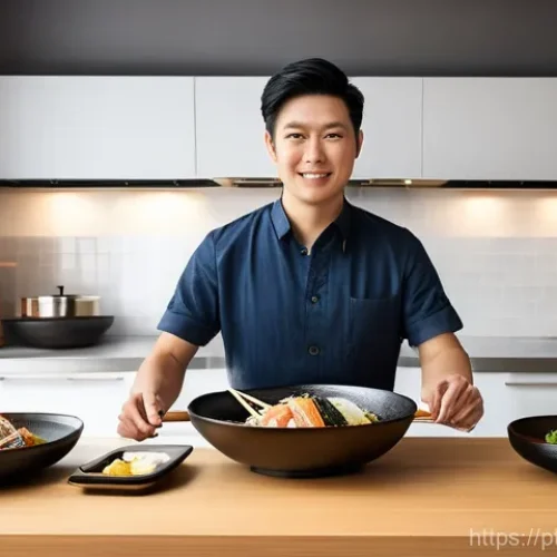 Home 26 일본 간편식 밀키트 - **Prompt:** A young, casually dressed adult, looking slightly tired but content, swiftly prepares a ...