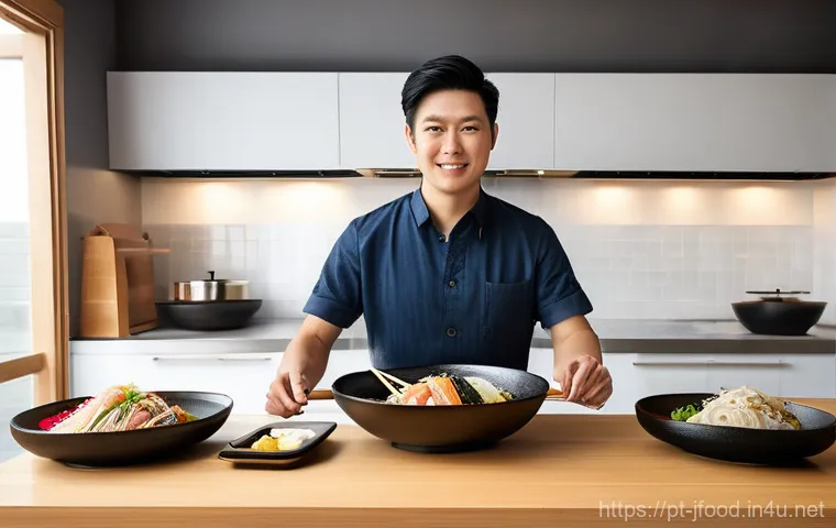 일본 간편식 밀키트 - **Prompt:** A young, casually dressed adult, looking slightly tired but content, swiftly prepares a ...