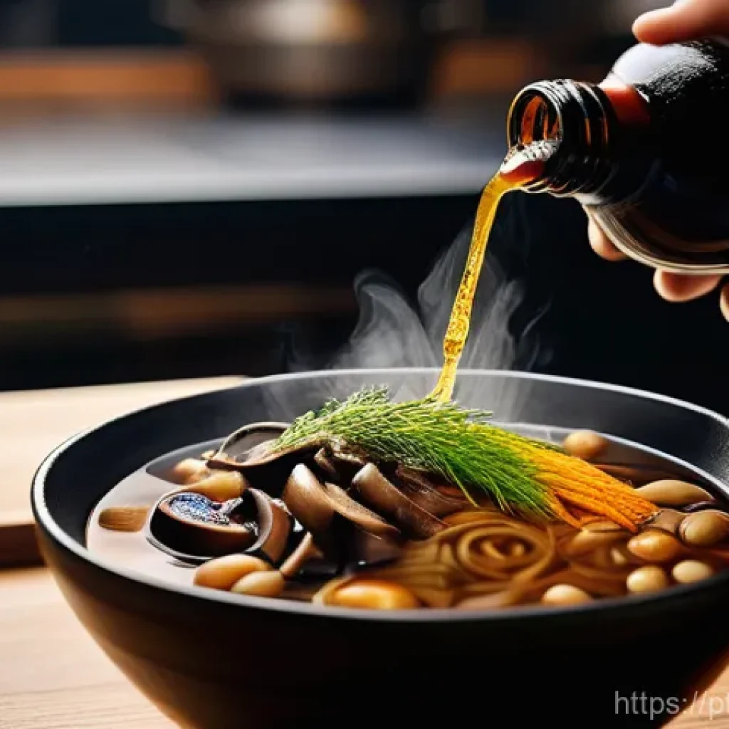 일본 간장 간 맞추기 - **Prompt:** A close-up, warm-toned photograph of a skilled hand gently drizzling a stream of dark, r...