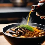 Home 13 일본 간장 간 맞추기 - **Prompt:** A close-up, warm-toned photograph of a skilled hand gently drizzling a stream of dark, r...