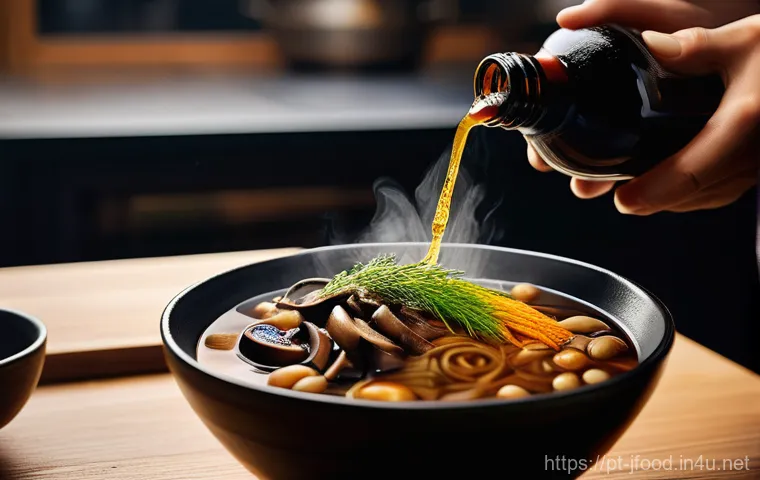 일본 간장 간 맞추기 - **Prompt:** A close-up, warm-toned photograph of a skilled hand gently drizzling a stream of dark, r...