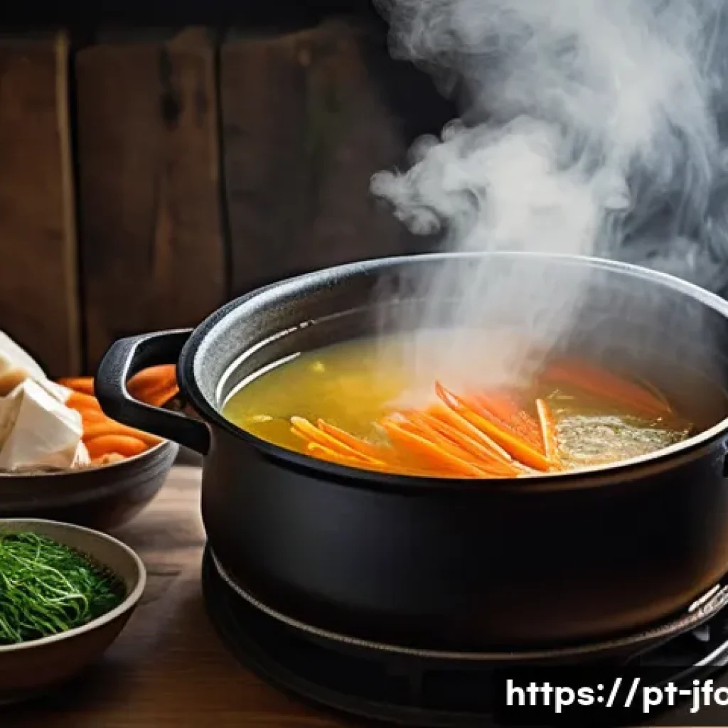 일본 라멘 국물 맛내기 - A rustic kitchen scene showcasing a large enamel cast iron pot simmering on a low flame, filled with...