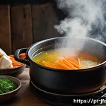 일본 라멘 국물 맛내기 - A rustic kitchen scene showcasing a large enamel cast iron pot simmering on a low flame, filled with...
