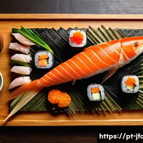 일본 초밥 트렌드 - A vibrant contemporary sushi platter showcasing regional Japanese ingredients: fresh, artisanal loca...