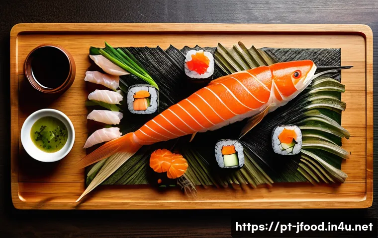 일본 초밥 트렌드 - A vibrant contemporary sushi platter showcasing regional Japanese ingredients: fresh, artisanal loca...