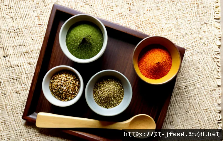 일본 전통 향신료 - Photorealistic overhead still life of traditional Japanese spices and seasonings: small unbranded ce...